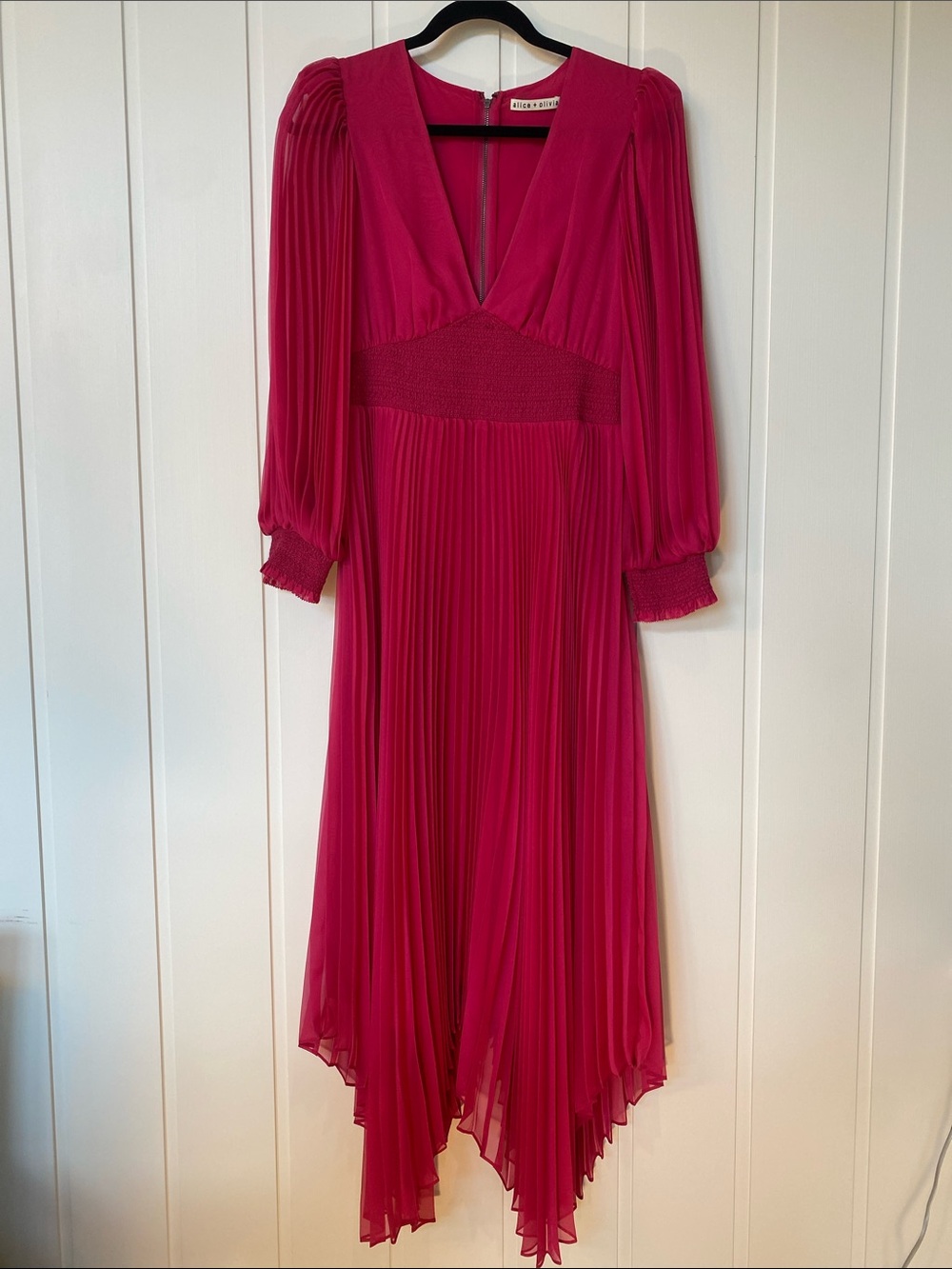 Alice + Olivia Hot Pink Pleated Asymmetrical Midi Dress